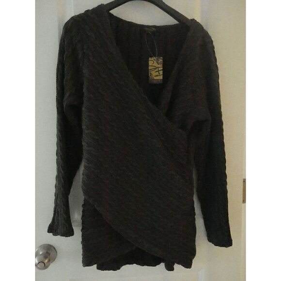 Suzanne Betro Charcoal Cable-Stitch Long-Sleeve Surplice Top M - Picture 2 of 9